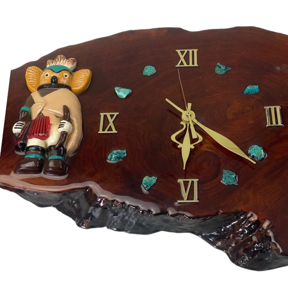 Vintage 1970’s  Varnished Cypress Knee Slab Kachina Clock W/ Turquoise Stones